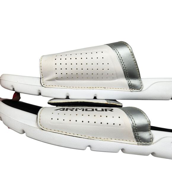 Under Armour Slides Mens 12 Sandals White Black Silver Metallic Ignite Comfort - Picture 5 of 13